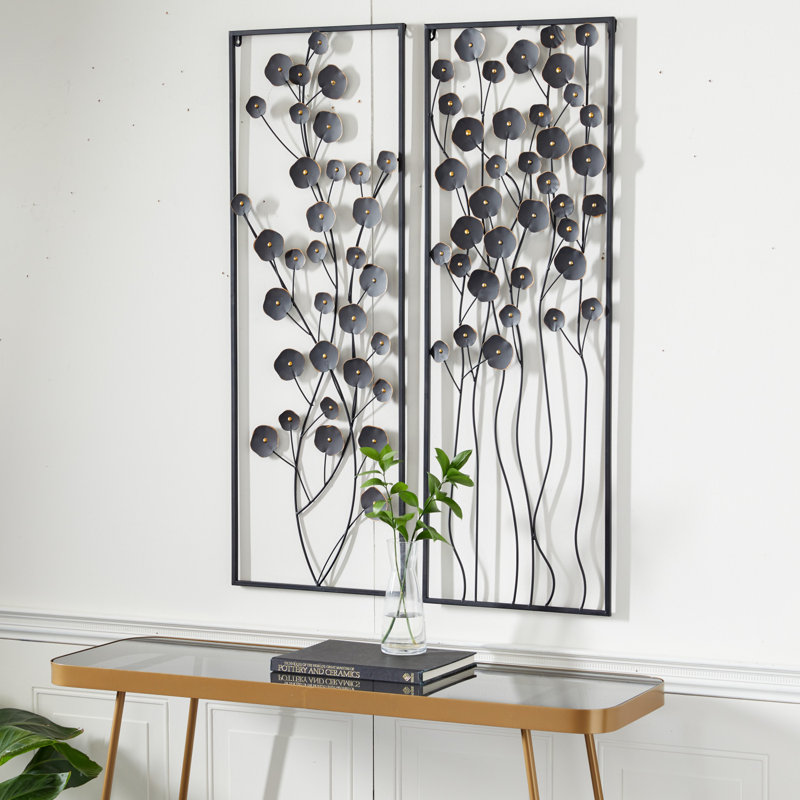 Red Barrel Studio® Metal Floral Black Wall Decor with Black Frame Set
